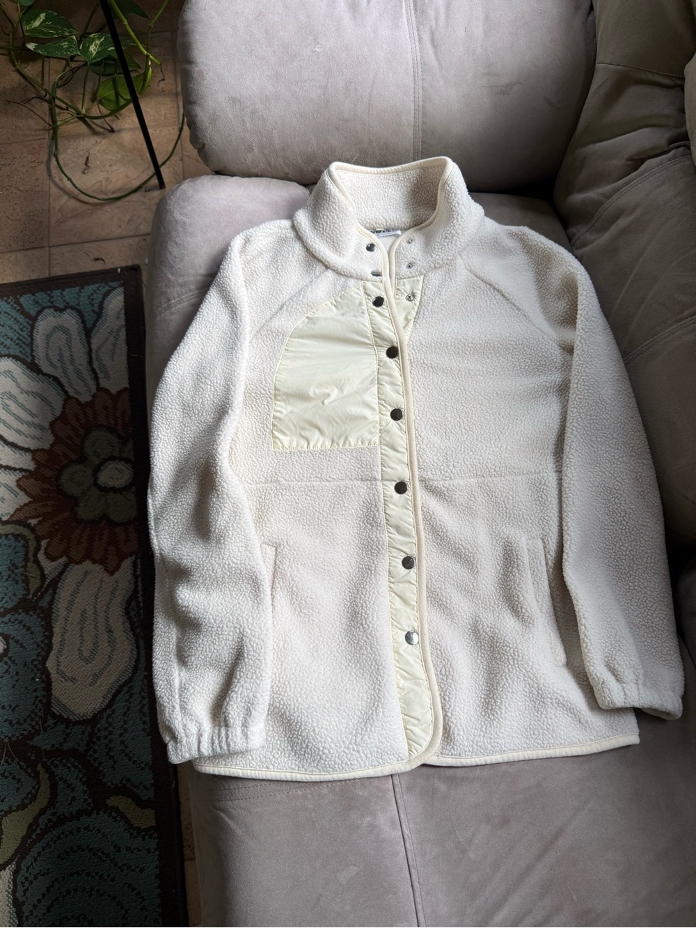 Cream Fleece Jacket with Quilted Snap Placket